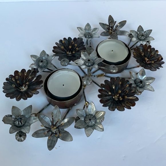 Metal Floral Double Tea Light Candle Holder Flowers Sculpture - Picture 1 of 11